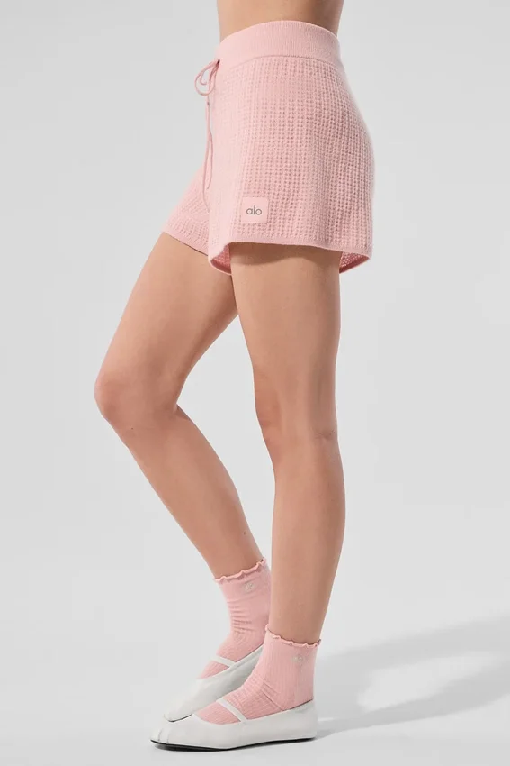 Pantaloncini High-Waist in cashmere con trama a nido d’ape - Rosa quarzo