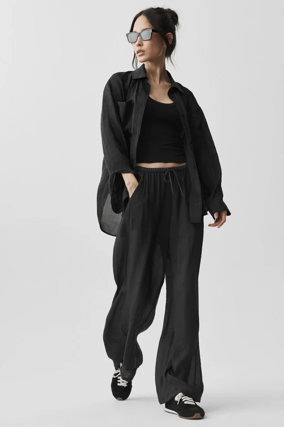 Pantaloni a gamba dritta High-Waist semi-trasparenti “Golden Hour” - Nero
