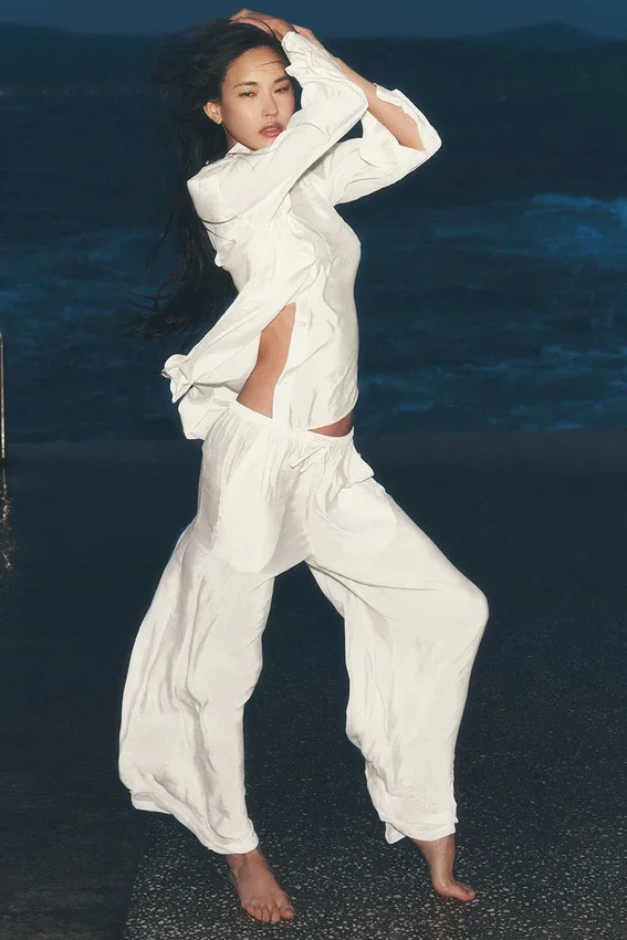 Pantaloni a gamba dritta High-Waist semitrasparenti - Avorio