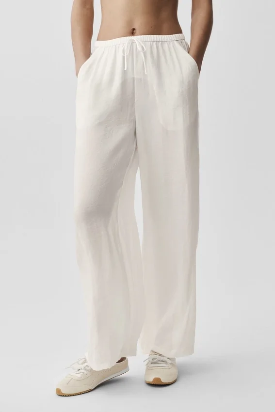 Pantaloni a gamba dritta High-Waist semitrasparenti - Avorio