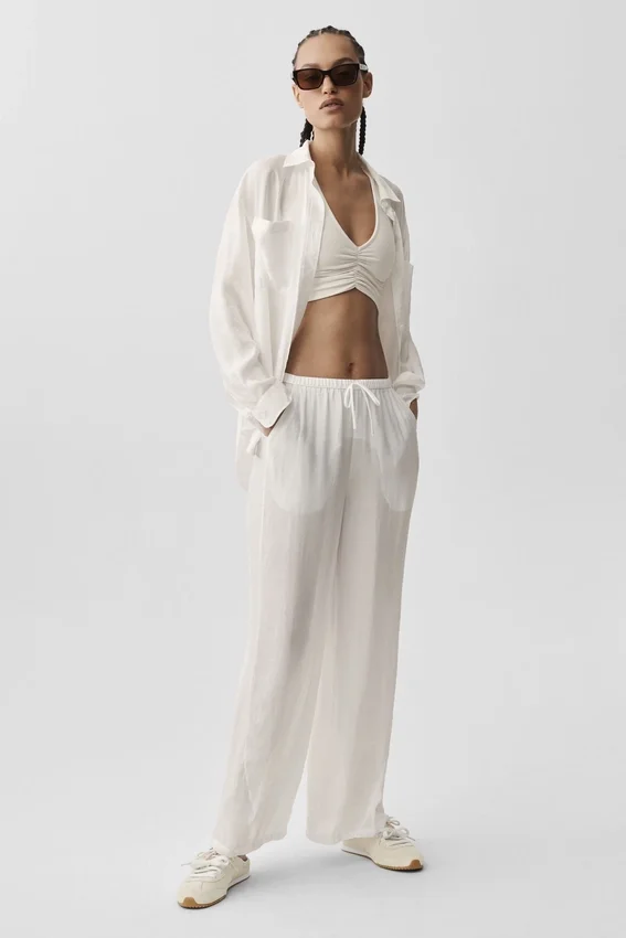 Pantaloni a gamba dritta High-Waist semitrasparenti - Avorio