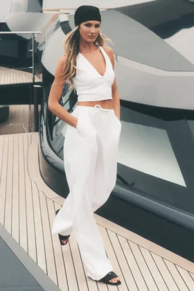Pantaloni a gamba larga Riviera in misto lino - Bianco