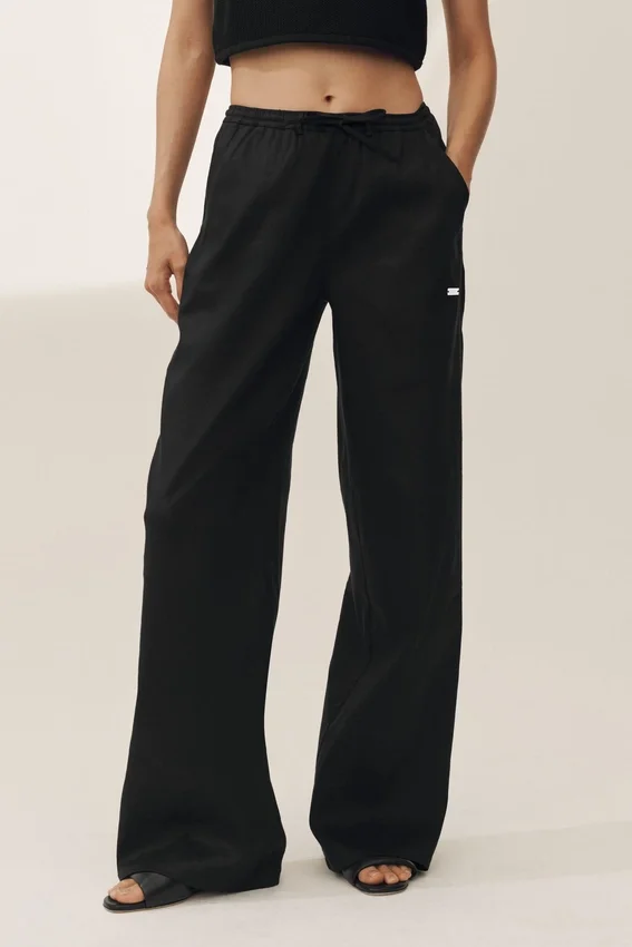 Pantaloni a gamba larga Riviera in misto lino - Nero