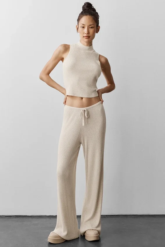 Pantaloni a gamba larga Unwind a vita media in maglia tipo maglione - Oatmeal Heather
