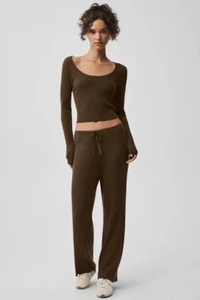 Pantaloni a gamba larga Unwind a vita media in maglione - Espresso