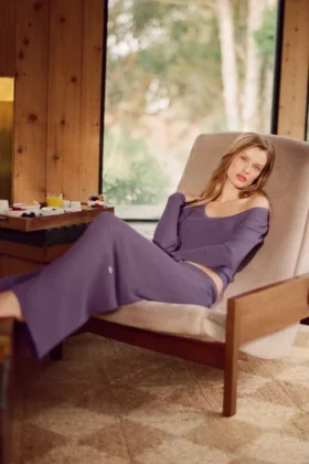 Pantaloni a gamba larga Unwind in maglione, vita media - Plum Kiss