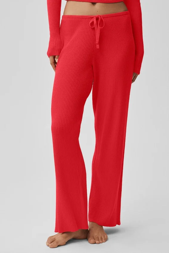 Pantaloni a gamba larga Unwind in maglione, vita media - Rosso brillante