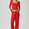 Pantaloni a gamba larga Unwind in maglione, vita media - Rosso brillante