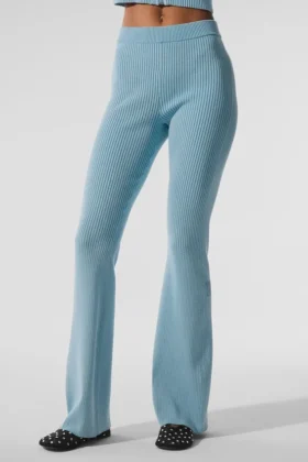 Pantaloni a zampa d’elefante in maglia denim High-Waist - Blu celeste/Blu celeste scuro