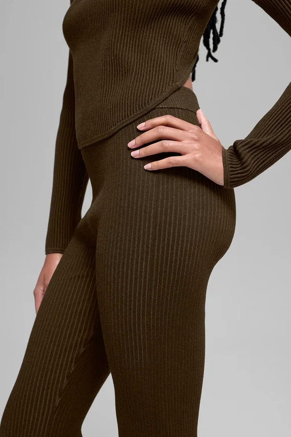 Pantaloni a zampa d’elefante in maglia denim High-Waist - Espresso/Nero