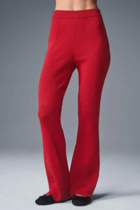 Pantaloni a zampa d’elefante in maglia denim High-Waist - Rosso intenso/Rosso intenso scuro