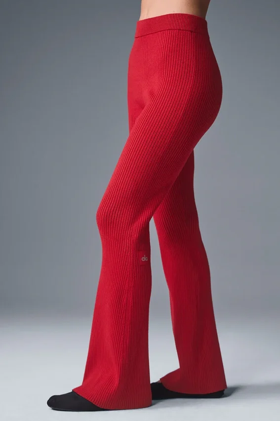 Pantaloni a zampa d’elefante in maglia denim High-Waist - Rosso intenso/Rosso intenso scuro