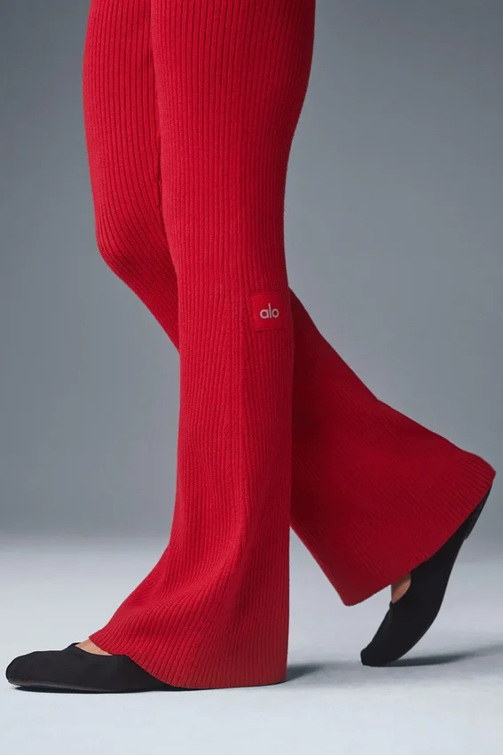 Pantaloni a zampa d’elefante in maglia denim High-Waist - Rosso intenso/Rosso intenso scuro