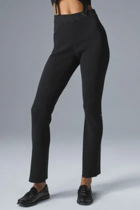 Pantaloni a zampa in maglia denim High-Waist - Nero/Antracite