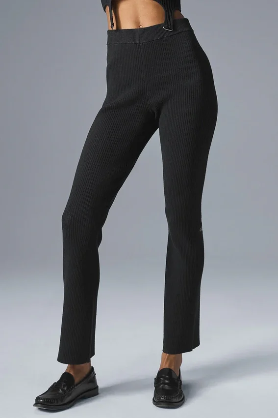Pantaloni a zampa in maglia denim High-Waist - Nero/Antracite