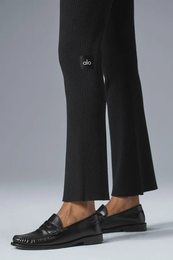Pantaloni a zampa in maglia denim High-Waist - Nero/Antracite