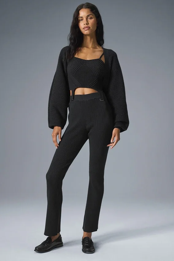 Pantaloni a zampa in maglia denim High-Waist - Nero/Antracite