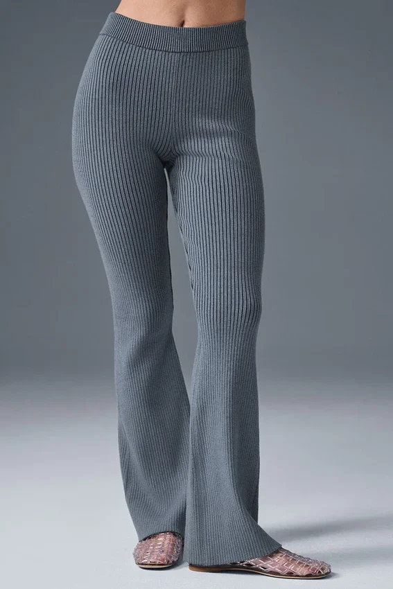 Pantaloni a zampa in maglia di denim High-Waist - Grigio acciaio/Antracite