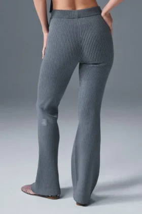 Pantaloni a zampa in maglia di denim High-Waist – Grigio acciaio/Antracite