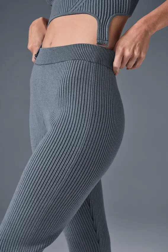 Pantaloni a zampa in maglia di denim High-Waist - Grigio acciaio/Antracite