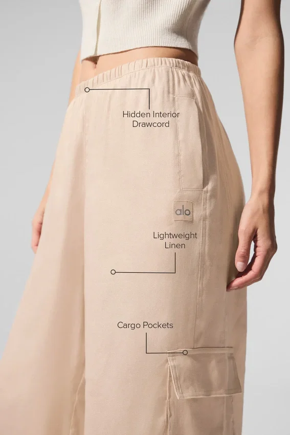 Pantaloni cargo a gamba larga Linen Getaway - Macadamia
