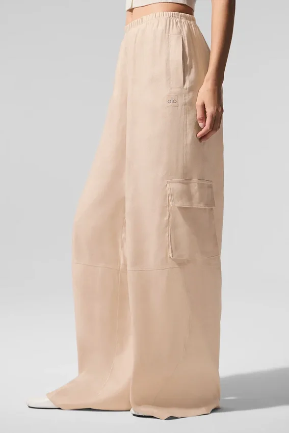 Pantaloni cargo a gamba larga Linen Getaway - Macadamia