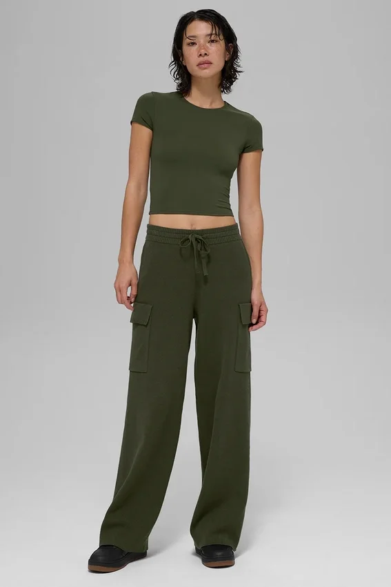 Pantaloni cargo High-Waist in maglia Scholar - Verde oliva