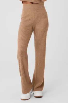 Pantaloni High-Waist in cashmere con trama a nido d'ape - Mandorla tostata