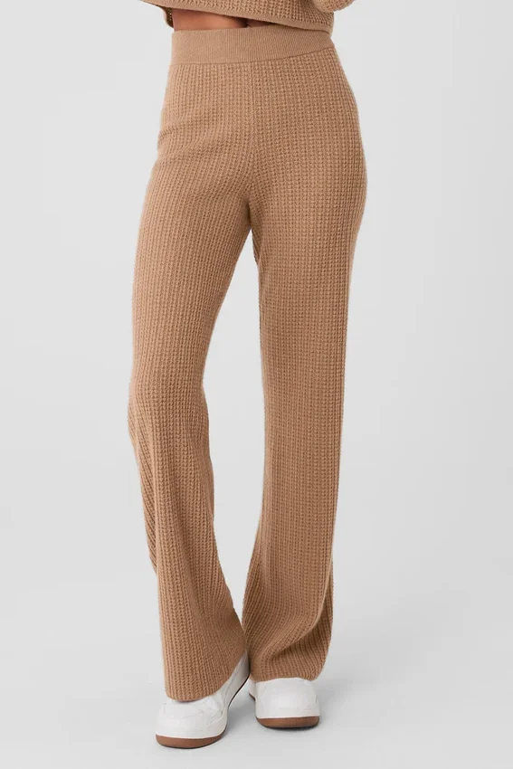 Pantaloni High-Waist in cashmere con trama a nido d'ape - Mandorla tostata