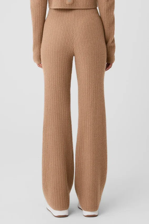Pantaloni High-Waist in cashmere con trama a nido d'ape - Mandorla tostata