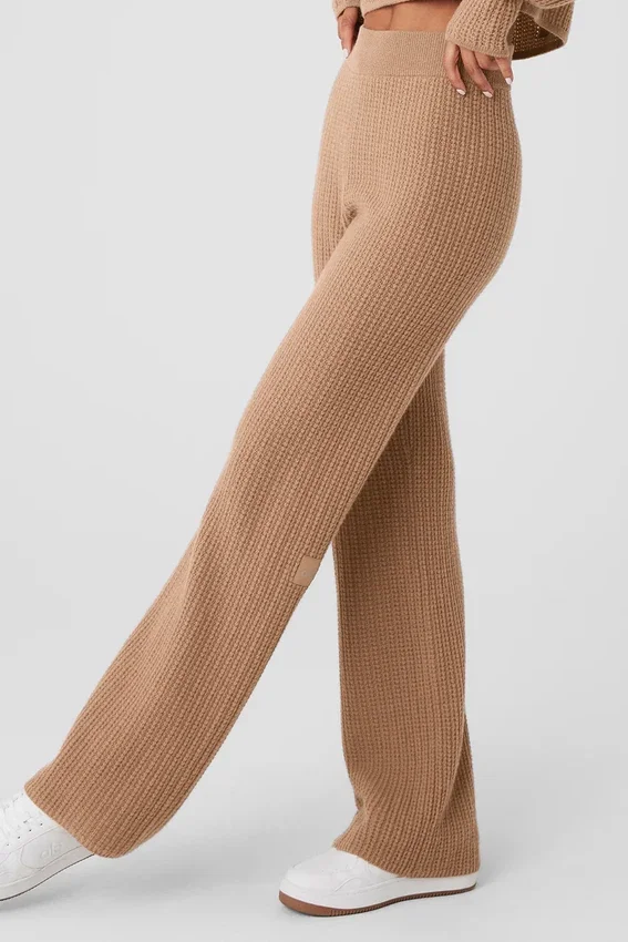 Pantaloni High-Waist in cashmere con trama a nido d'ape - Mandorla tostata