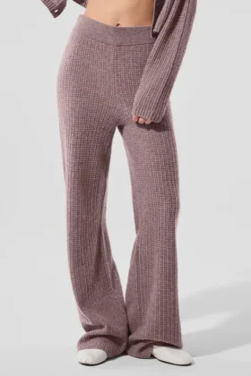 Pantaloni High-Waist in cashmere con trama a nido d'ape morbida - Grigio fungo melange