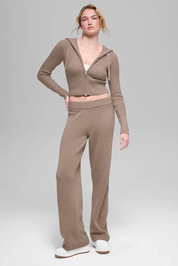 Pantaloni High-Waist in lana e cashmere a gamba larga - Chai Latte