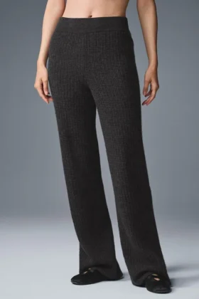 Pantaloni High-Waist in morbido cashmere a trama a nido d’ape - Grigio scuro melange