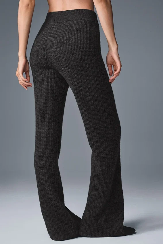 Pantaloni High-Waist in morbido cashmere a trama a nido d’ape - Grigio scuro melange