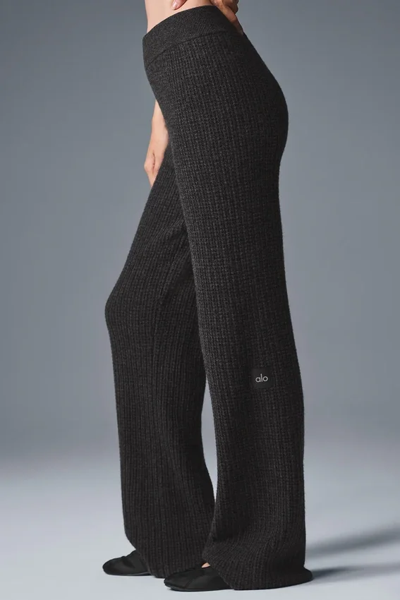 Pantaloni High-Waist in morbido cashmere a trama a nido d’ape - Grigio scuro melange