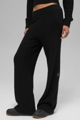 Pantaloni High-Waist in morbido cashmere a trama a nido d’ape - Nero