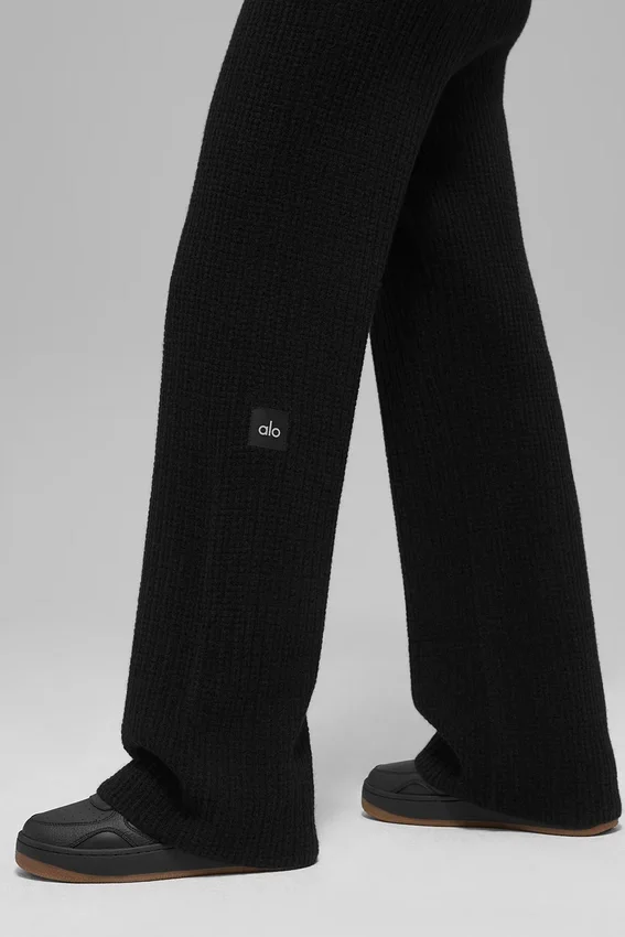 Pantaloni High-Waist in morbido cashmere a trama a nido d’ape - Nero