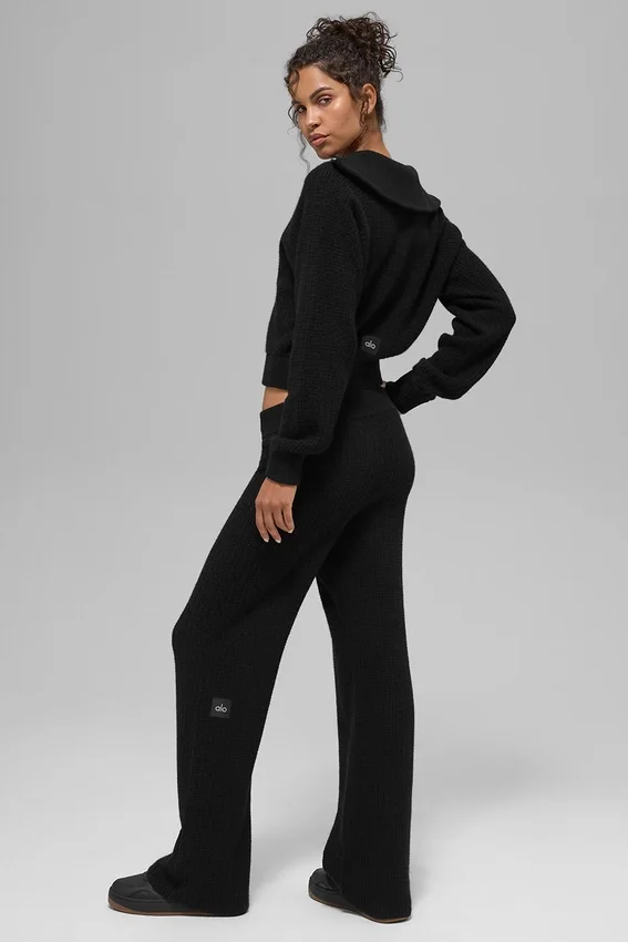Pantaloni High-Waist in morbido cashmere a trama a nido d’ape - Nero