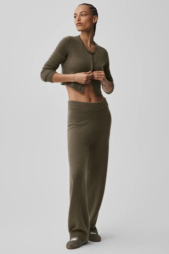 Pantaloni High-Waist New Class a gamba larga in misto lana e cashmere - Olive Tree
