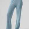 Pantaloni in cashmere High-Waist con trama a nido d’ape morbida - Blu celeste melange