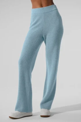 Pantaloni in cashmere High-Waist con trama a nido d’ape morbida - Blu celeste melange