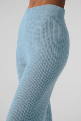 Pantaloni in cashmere High-Waist con trama a nido d’ape morbida – Blu celeste melange