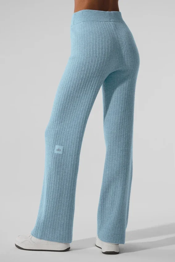 Pantaloni in cashmere High-Waist con trama a nido d’ape morbida - Blu celeste melange