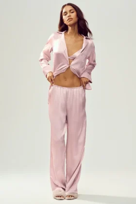 Pantaloni in seta lucente (lunghi) - Rosa champagne