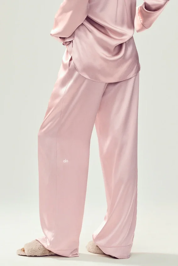 Pantaloni in seta lucente (lunghi) - Rosa champagne