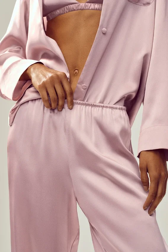 Pantaloni in seta lucente (lunghi) - Rosa champagne