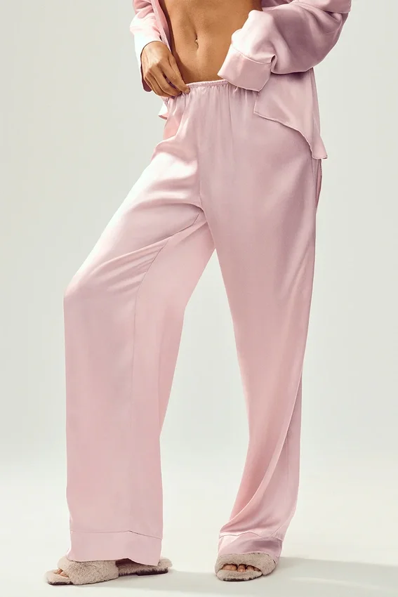 Pantaloni in seta lucente (lunghi) - Rosa champagne