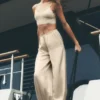 Pantaloni Radiance High-Waist in misto seta - Beige sabbia