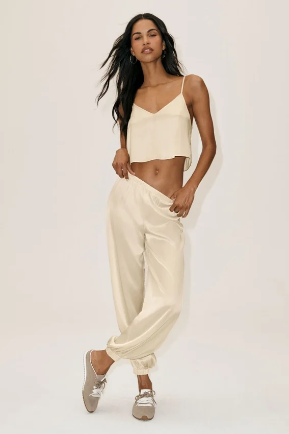 Pantaloni Radiance High-Waist in misto seta - Beige sabbia